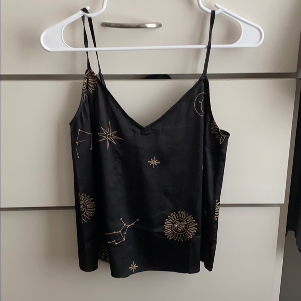 Embroidered black silky tank